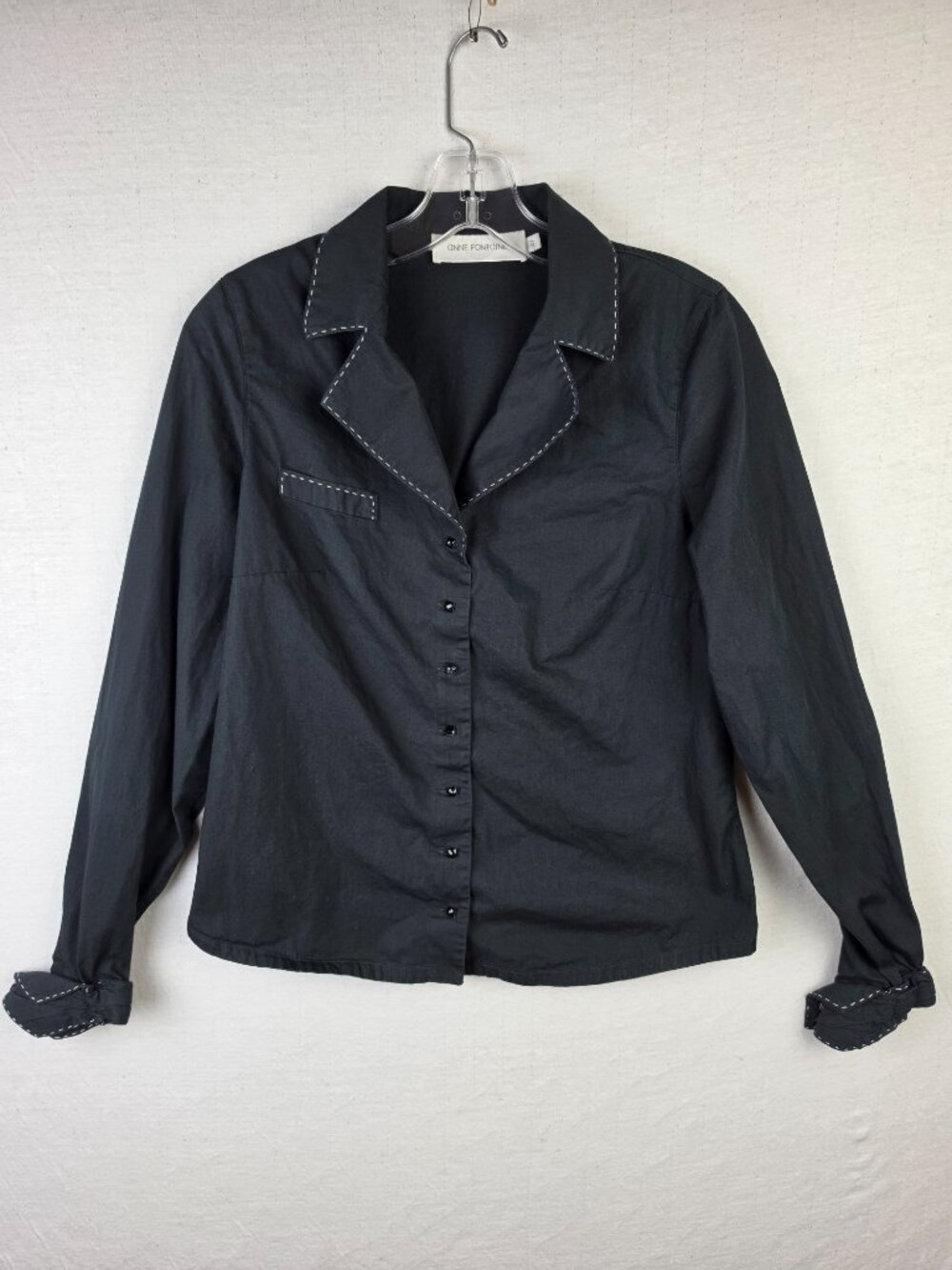 Anne Fontaine Lydia Blouse Button-Up Shirt Cotton Black White Trim size 42 US 10